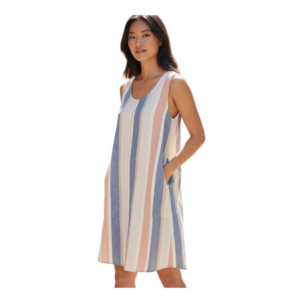 Max Studio Linen Cotton Shift Dress Suze S Punk Blue Striped Sleeveless Summer